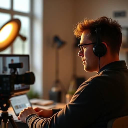A student participating in an online directing course, interacting with the instructor via video conferencing.