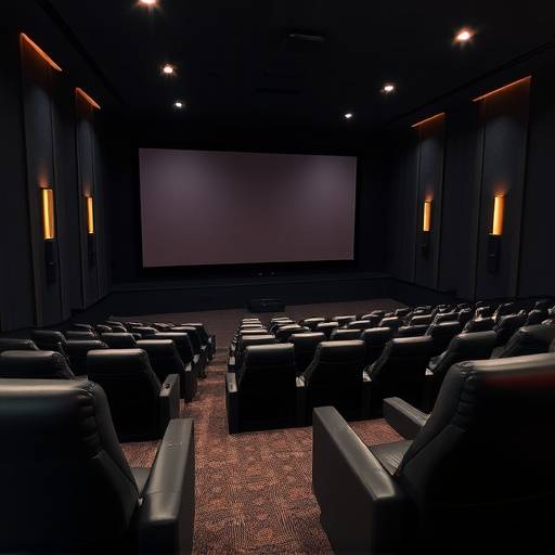 Acoustically treated screening room with comfortable seating and a large screen.
