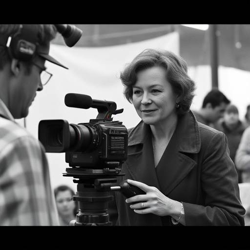 Black and white photo of Evelyn Reed, the founder, during her early directing days on a film set.