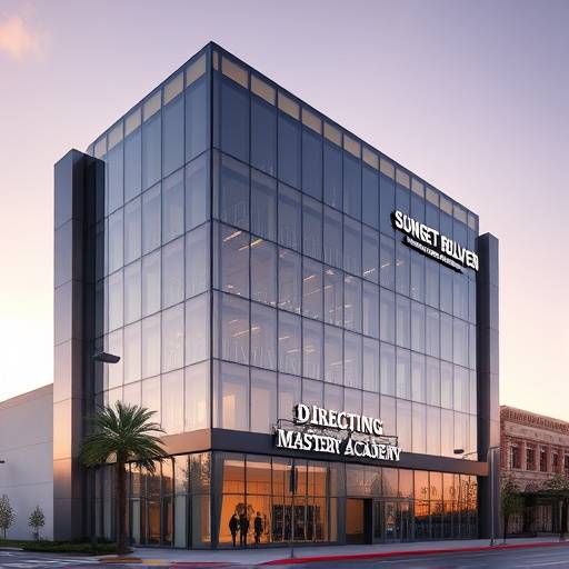 Exterior of the Directing Mastery Academy's building on Sunset Boulevard, with a modern glass facade.