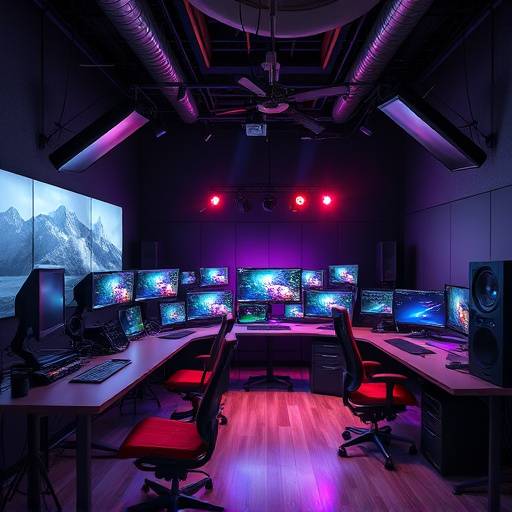 Modern editing suites with advanced editing software and workstations.