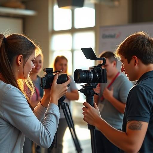 Students participating in a hands-on cinematography workshop, learning about camera angles and lighting.